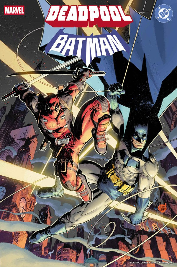 DC COMICS MARVEL COMICS DEADPOOL BATMAN #1 3RD PRINTING ADAM KUBERT
Comic book cover featuring Deadpool and Batman in a dynamic pose with a cityscape background with 'Marvel' and 'DC' logos