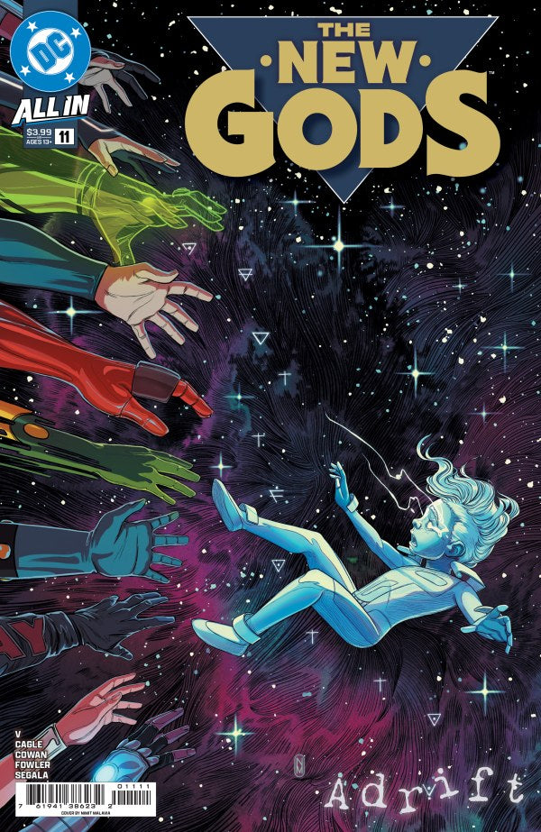 DC COMICS NEW GODS #11
Comic book cover of 'The New Gods' with a cosmic background and multiple hands reaching towards a central figure.