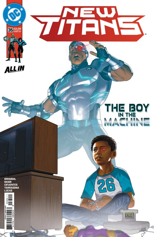 DC COMICS NEW TITANS #35
Comic book cover featuring a robot and a boy sitting on a couch with a TV.