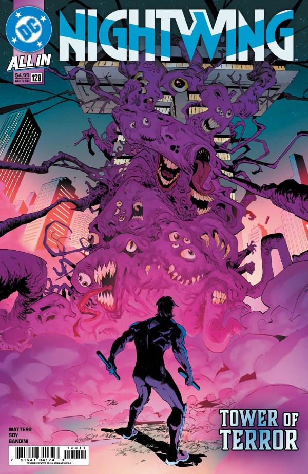 DC COMICS NIGHTWING #128
Comic book cover of 'Nightwing' with a large purple creature and cityscape background.