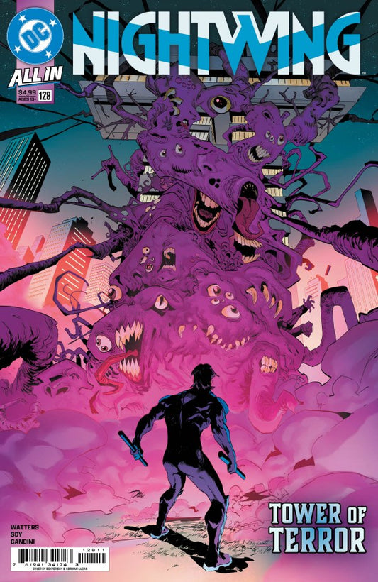 DC COMICS NIGHTWING #128
Comic book cover of 'Nightwing' with a large purple creature and cityscape background.