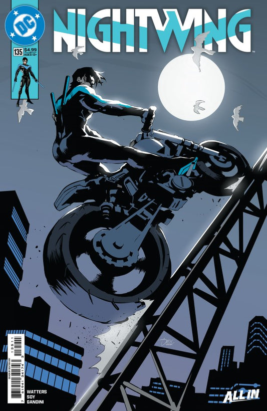 DC COMICS NIGHTWING #135
Comic book cover featuring a superhero on a motorcycle with a moonlit cityscape background.