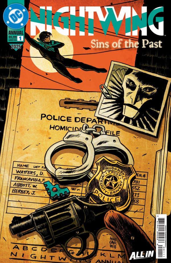 DC COMICS NIGHTWING 2025 ANNUAL #1 (ONE SHOT)
Comic book cover of 'Nightwing: Sins of the Past' with police-themed elements and a character in flight.
