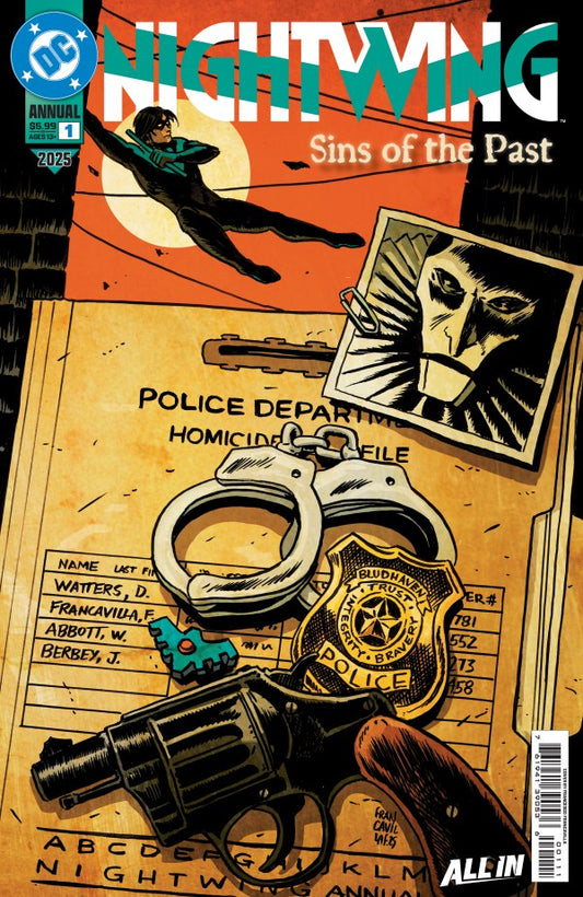 DC COMICS NIGHTWING 2025 ANNUAL #1 (ONE SHOT)
Comic book cover of 'Nightwing: Sins of the Past' with police-themed elements and a character in flight.
