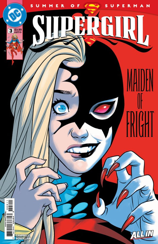 DC COMICS SUPERGIRL #3
Comic book cover featuring Supergirl with a black mask and red eyes on a red background.