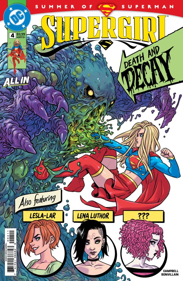 DC COMICS SUPERGIRL #4
Comic book cover featuring Supergirl and a creature with 'Supergirl: Death and Decay' text.