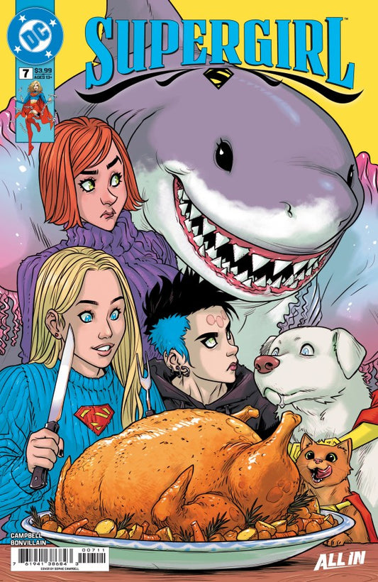 DC COMICS SUPERGIRL #7
Comic book cover featuring characters with a shark, a turkey, and a dog.