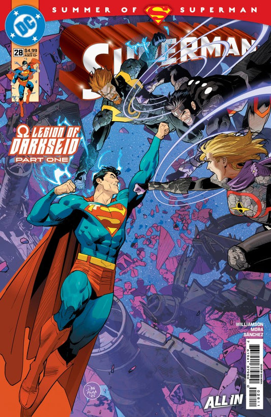 Superman comic book cover with action scene and character poses