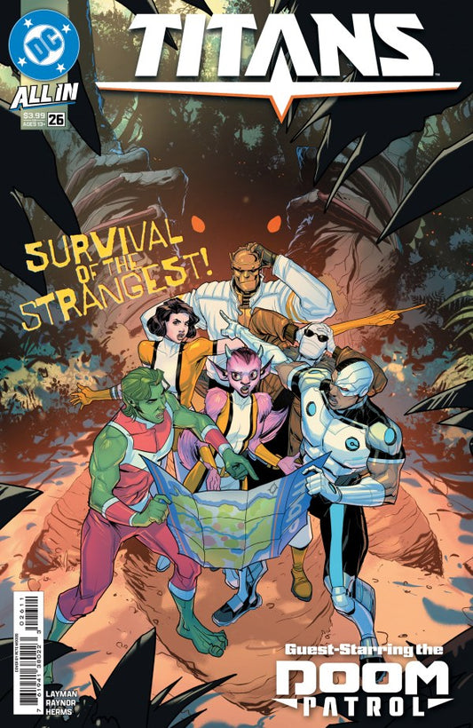 DC COMICS TITANS #26
Comic book cover of 'Titans' featuring characters in a desert setting with 'Survival of the Strangest!' text.