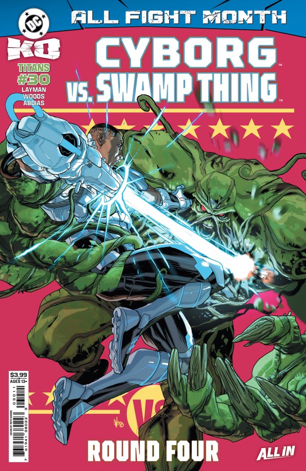 DC COMICS TITANS #30
Comic book cover featuring Cyborg and Swamp Thing in a battle, with a red and blue background.