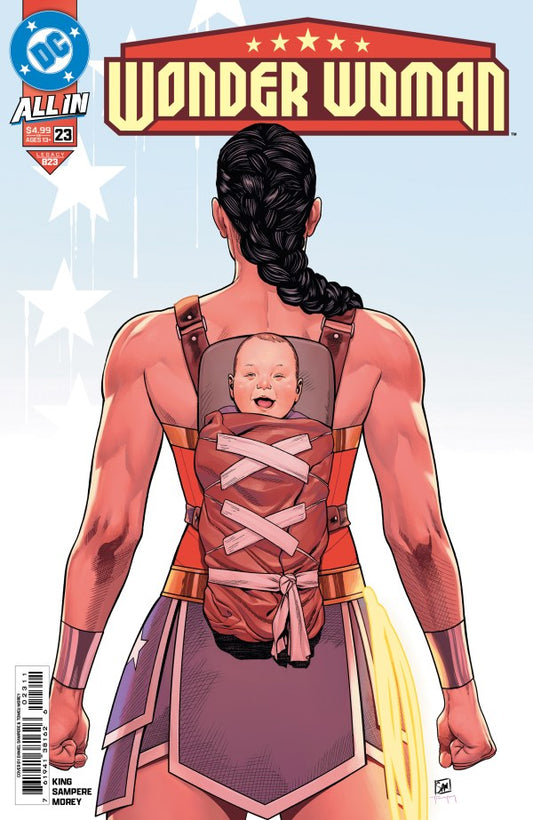 DC COMICS WONDER WOMAN #23
Comic book cover featuring Wonder Woman holding a baby, with DC Comics logo above.