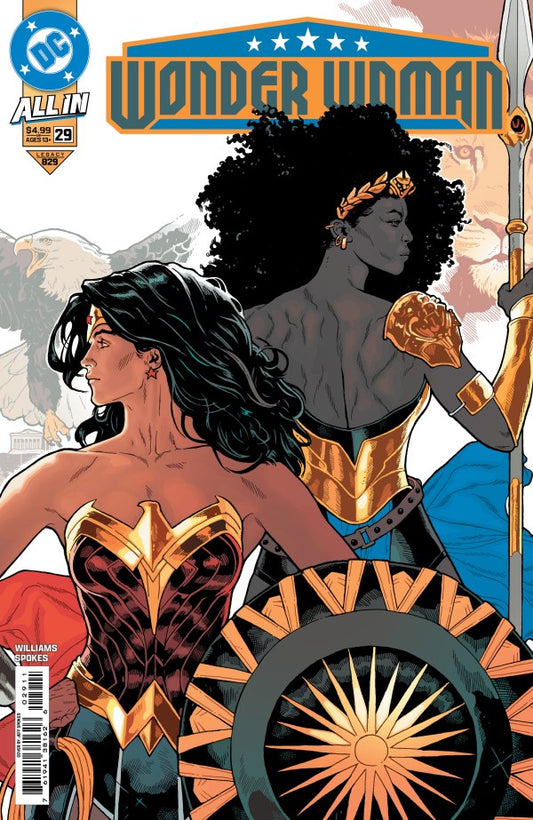 DC COMICS WONDER WOMAN #29
Comic book cover featuring Wonder Woman and another character with a chariot and eagle emblem.
