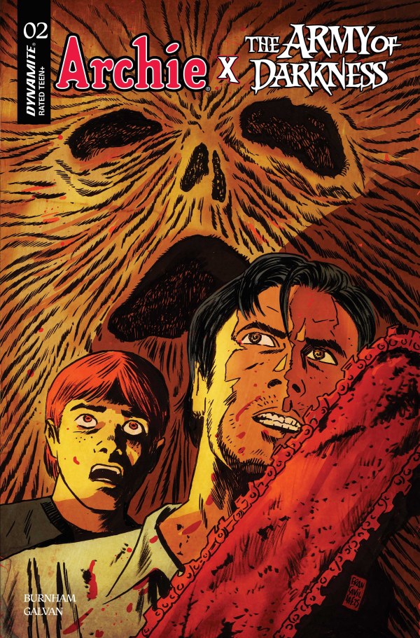 DYNAMITE COMICS ARCHIE X THE ARMY OF DARKNESS #2
Comic book cover featuring two characters with a menacing skull in the background, titled 'Archie x The Army of Darkness'.