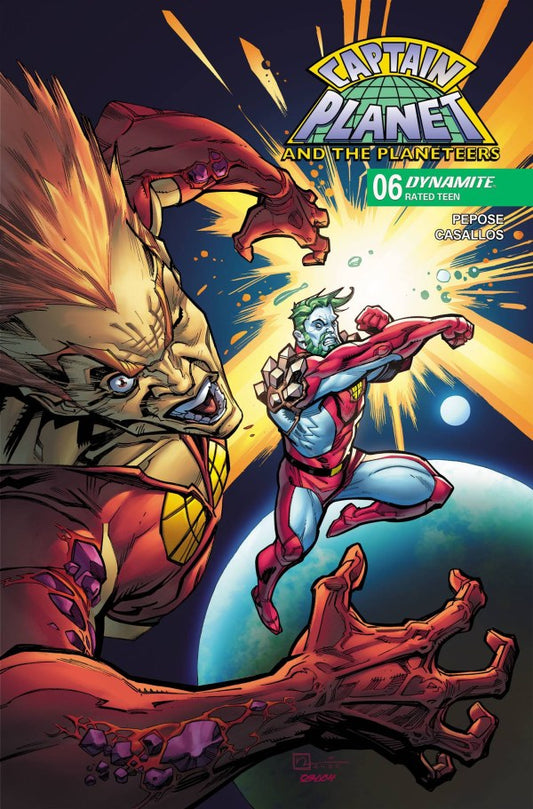 DYNAMITE COMICS CAPTAIN PLANET #6
Comic book cover featuring Captain Planet and a creature with a planet in the background