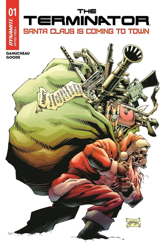 DYNAMITE COMICS TERMINATOR: SANTA CLAUS IS COMING TO TOWN #1
Comic book cover featuring a heavily armed Santa Claus with 'The Terminator' branding.