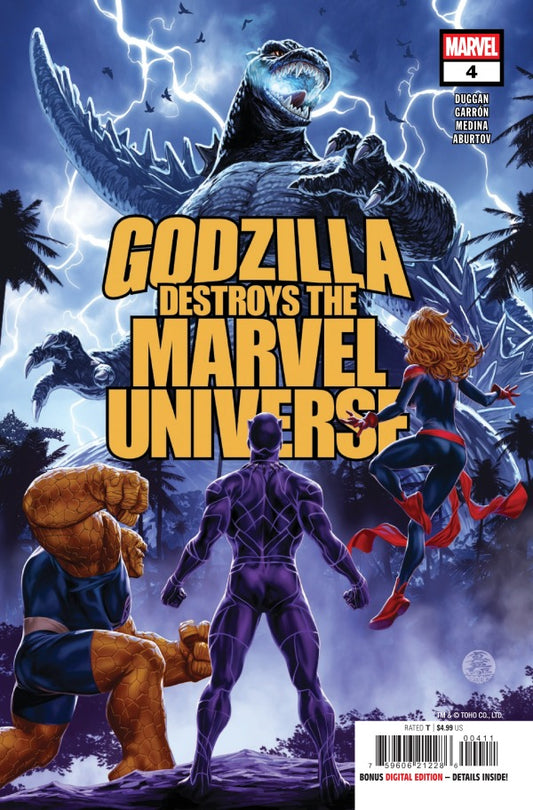 GODZILLA DESTROYS THE MARVEL UNIVERSE #4
Comic book cover featuring Godzilla destroying the Marvel Universe with characters in the foreground.