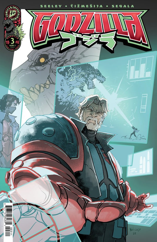 IDW COMICS GODZILLA #3
Comic book cover featuring a character in a suit with a futuristic background and 'Godzilla' branding.