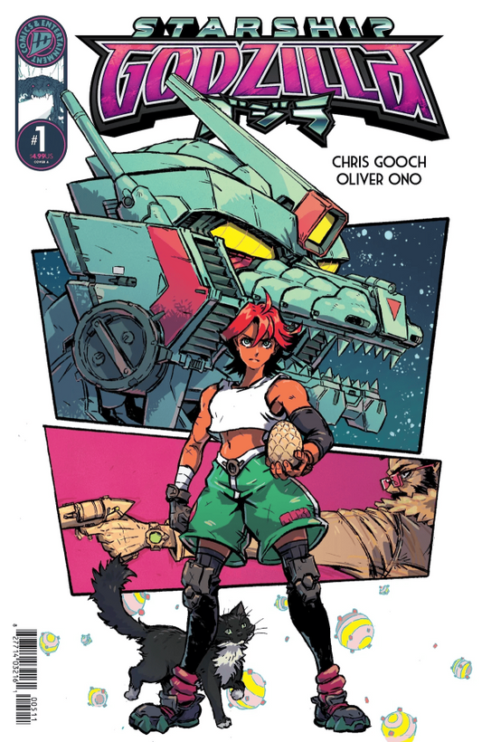 IDW COMICS STARSHIP GODZILLA #1
Comic book cover featuring a character with red hair and green outfit, holding a cat, with 'Starship Godzilla' title at top.