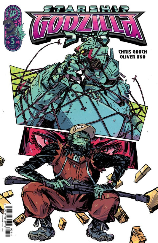 IDW COMICS STARSHIP GODZILLA #5
Comic book cover featuring a character in a red outfit with a helmet, surrounded by colorful geometric shapes and 'Starship Godzilla' text.
