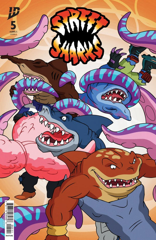 IDW COMICS STREET SHARKS #5
Comic book cover with colorful, cartoonish shark-like creatures on a gradient background