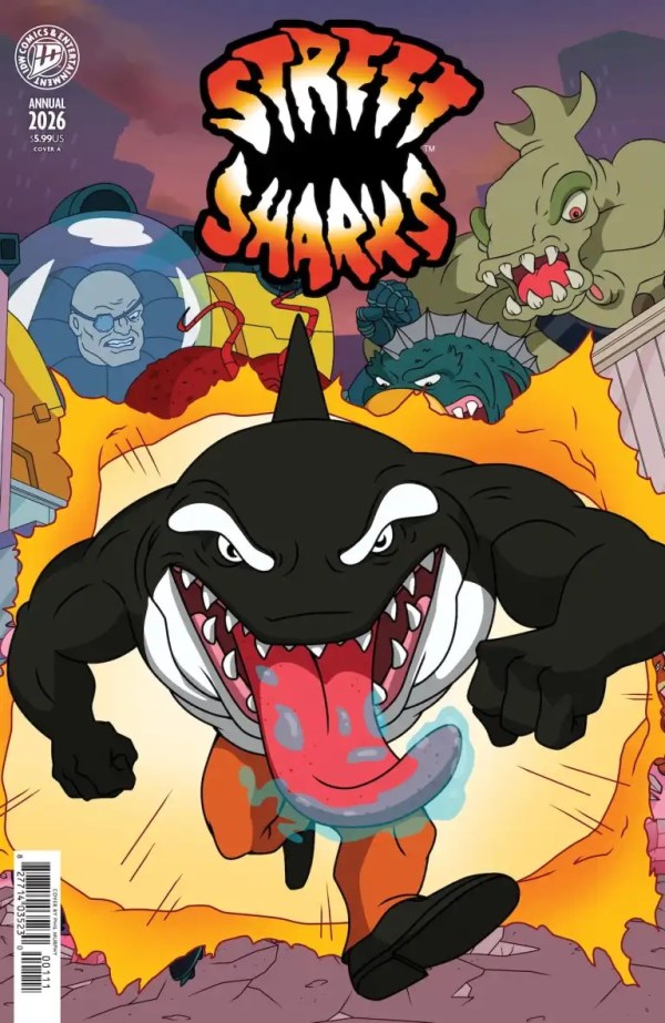 IDW COMICS STREET SHARKS ANNUAL 2026 #1
Comic book cover featuring a shark with a fiery background and other characters.