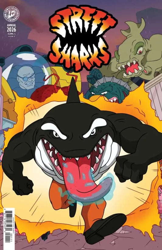 IDW COMICS STREET SHARKS ANNUAL 2026 #1
Comic book cover featuring a shark with a fiery background and other characters.