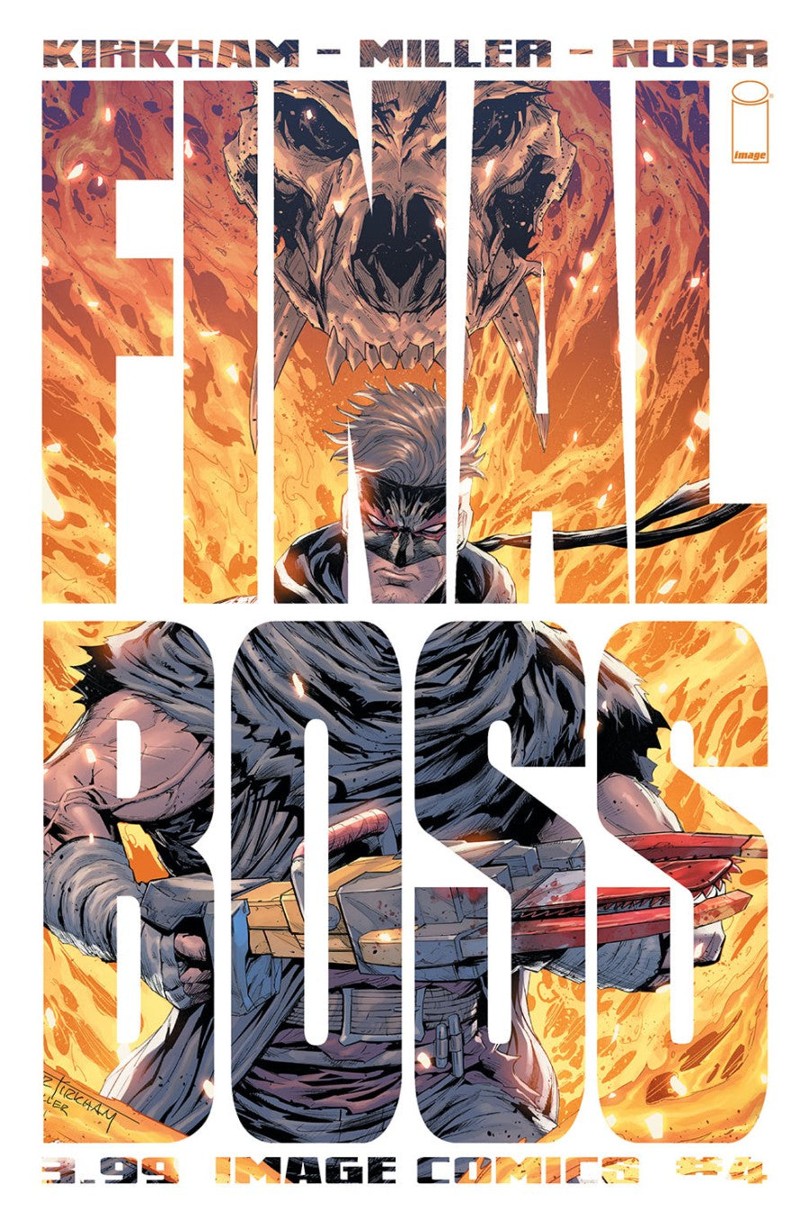 IMAGE COMICS FINAL BOSS #4
Comic book cover with a character in flames and text indicating 'Final Days' by Kirkham, Miller, and Noor.