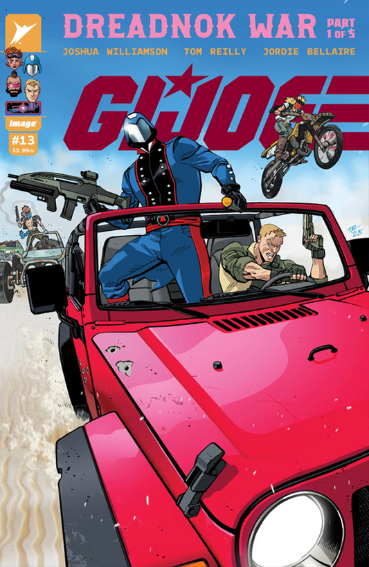 IMAGE COMICS GI JOE #13
Comic book cover featuring G.I. Joe characters in a red vehicle with action poses.