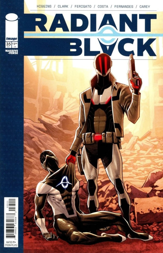 IMAGE COMICS RADIANT BLACK #35

Comic book cover of 'Radiant Black' with two characters in a desert setting.