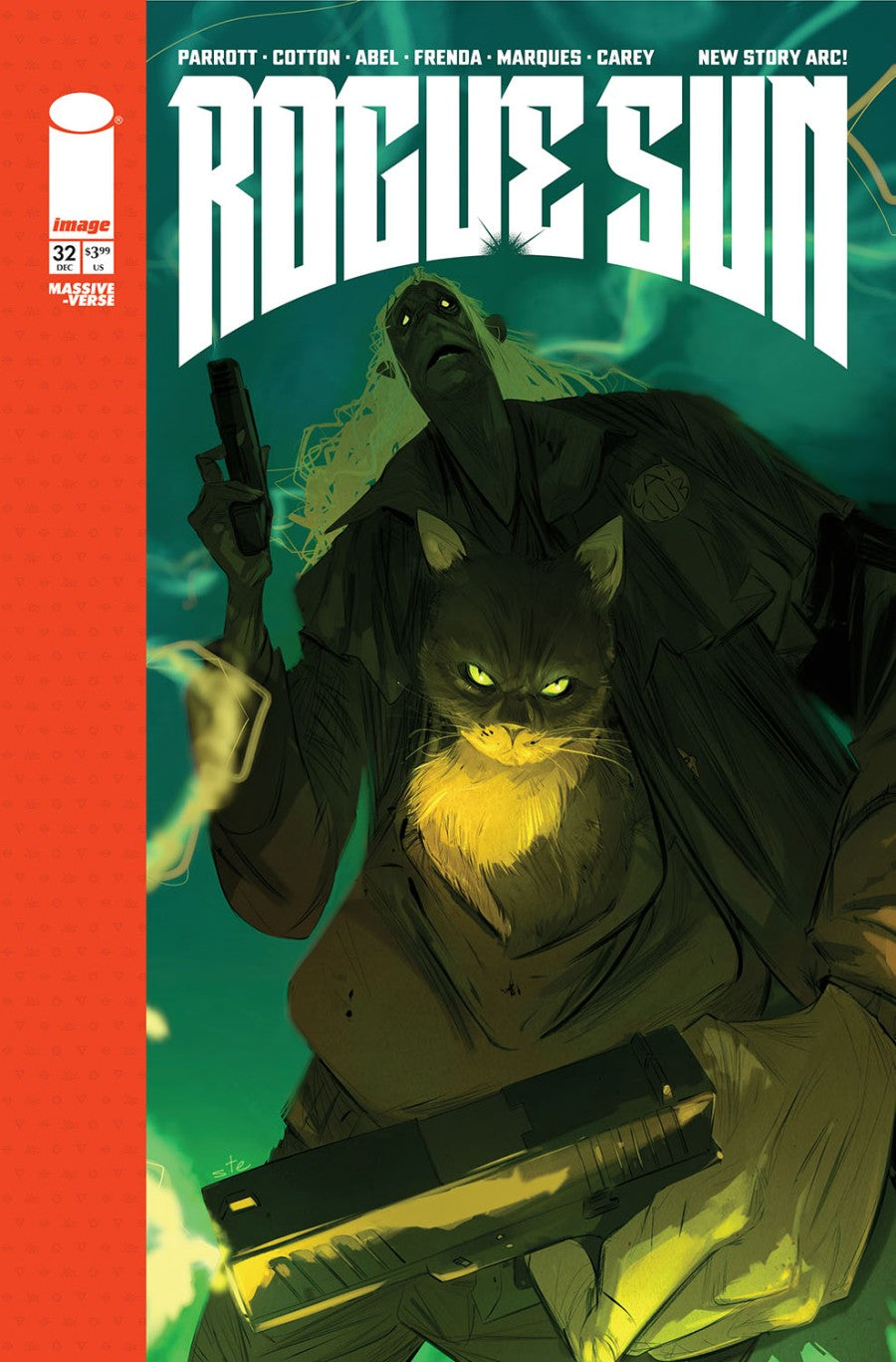IMAGE COMICS ROGUE SUN #32
Comic book cover of 'Rogue Sun' with a character holding a gun and a cat-like creature.
