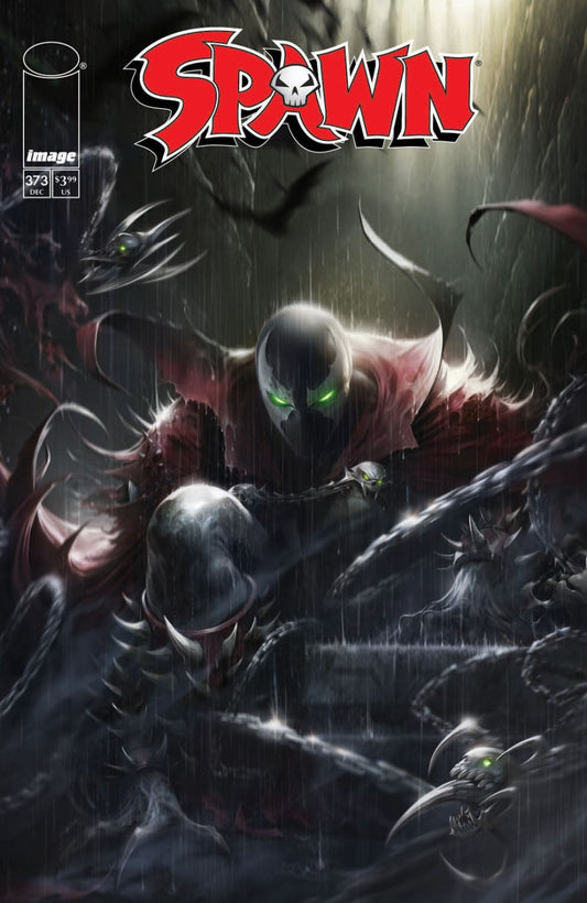 IMAGE COMICS SPAWN #373
Comic book cover featuring a dark, eerie scene with a character in a red outfit and green eyes.