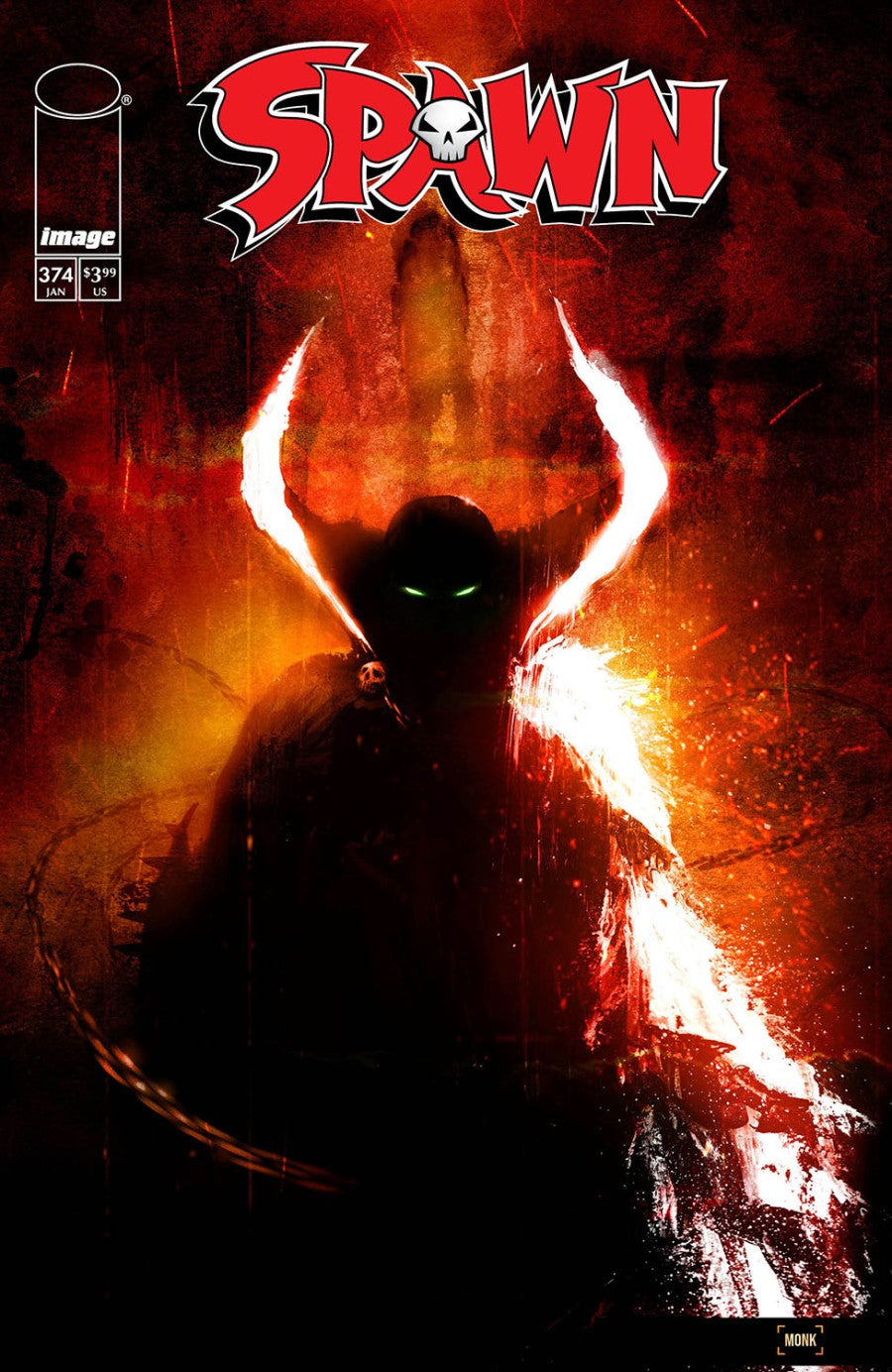 IMAGE COMICS SPAWN #374
Comic book cover featuring a silhouette with glowing eyes against a fiery background, with 'Spawn' logo at the top.