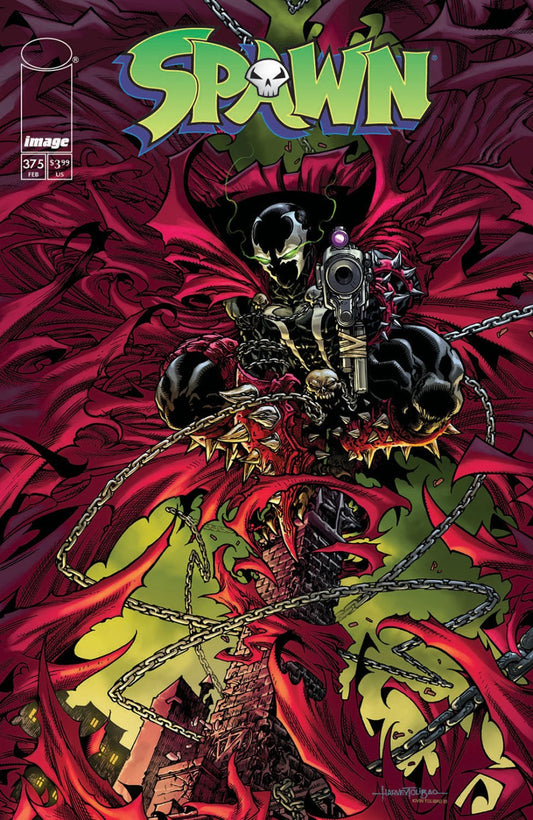 IMAGE COMICS SPAWN #375
Comic book cover featuring a character in a red cape with chains and a gun, titled 'Spawn'.