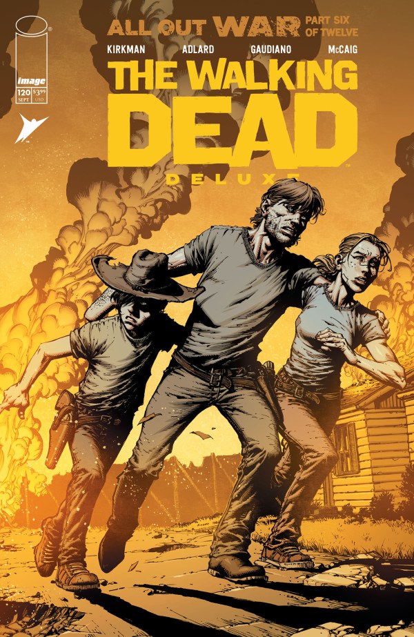 IMAGE COMICS THE WALKING DEAD DELUXE #120
Comic book cover of 'The Walking Dead' with characters running, featuring a yellow and brown color scheme.