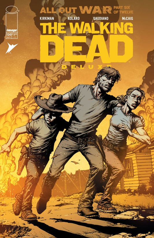 IMAGE COMICS THE WALKING DEAD DELUXE #120
Comic book cover of 'The Walking Dead' with characters running, featuring a yellow and brown color scheme.