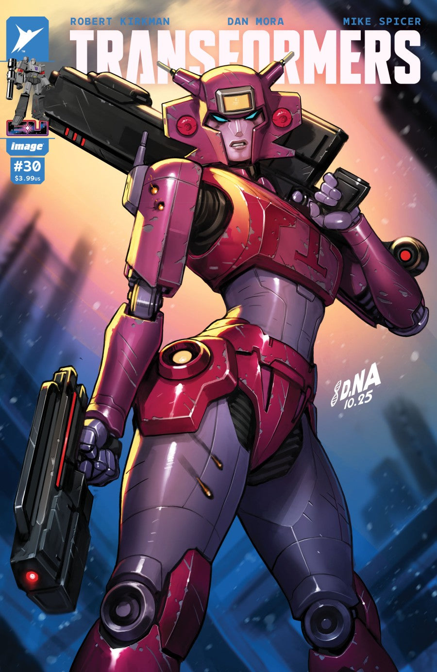 IMAGE COMICS TRANSFORMERS #30
Comic book cover featuring a robot character from 'Transformers' with a cityscape background.