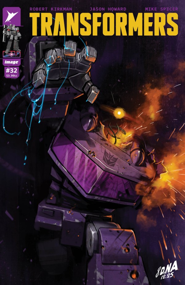 IMAGE COMICS TRANSFORMERS
#32Comic book cover featuring a robot with fiery background and 'Transformers' branding.