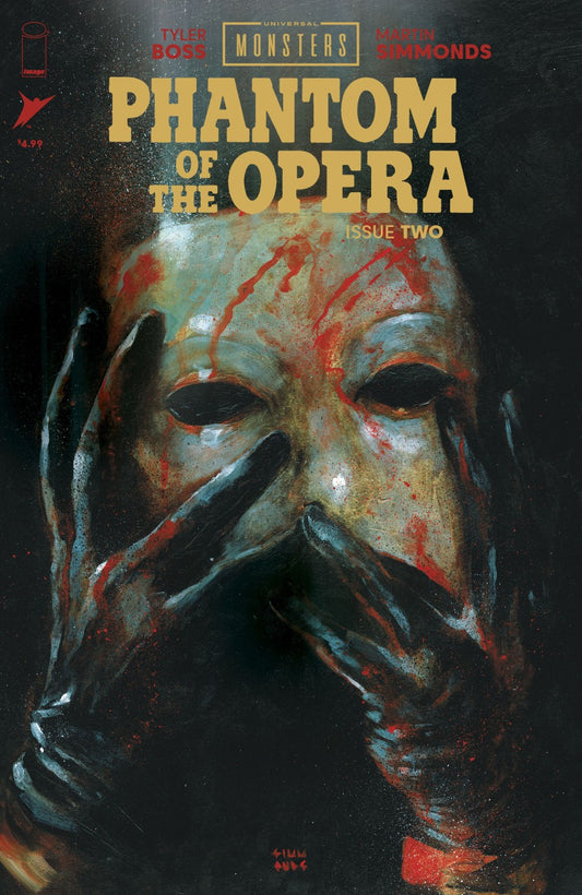 IMAGE COMICS UNIVERSAL MONSTERS: PHANTOM OF THE OPERA #1
Comic book cover of 'Phantom of the Opera' with a mask and gloved hands on a dark background.