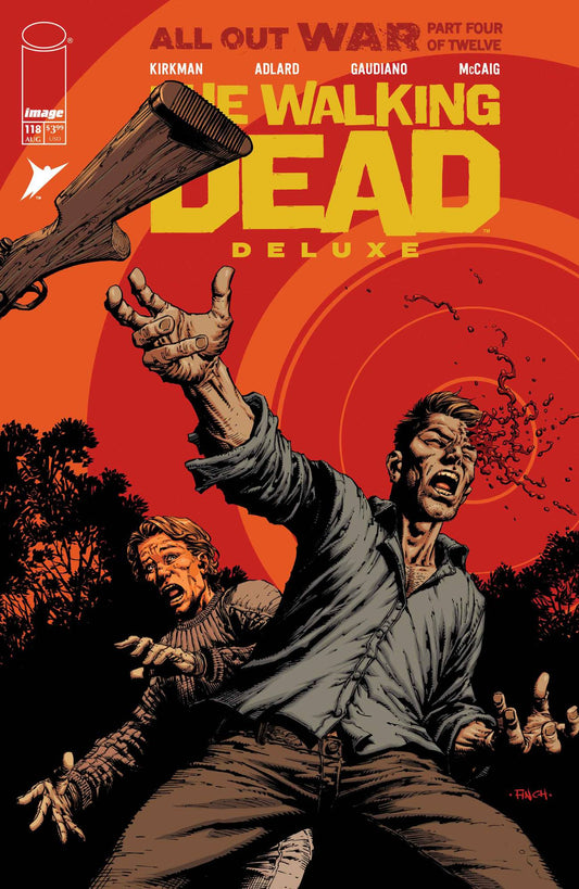 IMAGE COMICS WALKING DEAD DELUXE #118
Comic book cover of 'The Walking Dead Deluxe' with a character holding a gun and another character on the ground against an orange background.
