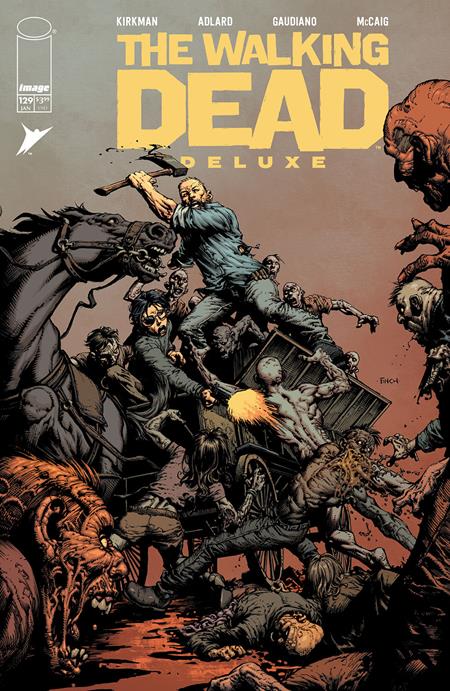 IMAGE COMICS WALKING DEAD DELUXE #129
Comic book cover of 'The Walking Dead Deluxe' with a dramatic scene of a man on horseback surrounded by zombies.