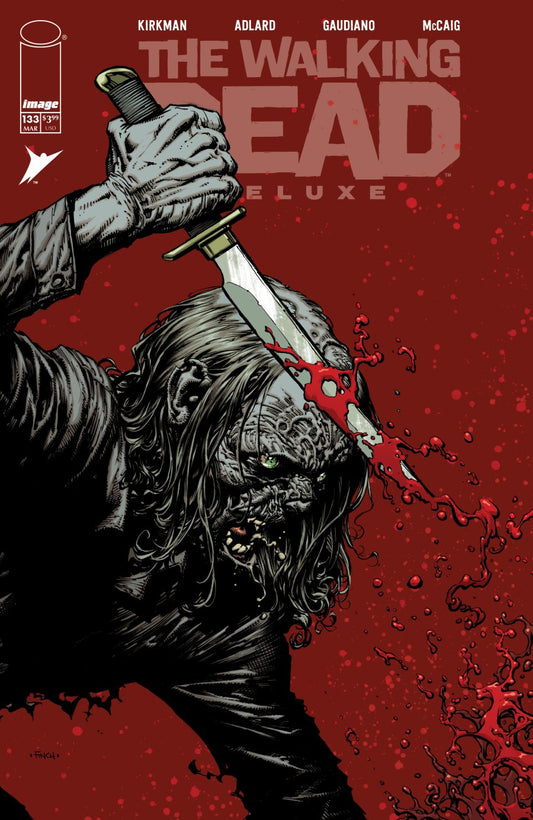 IMAGE COMICS WALKING DEAD DELUXE #133
Comic book cover of 'The Walking Dead Deluxe' with a character holding a knife against a red background.