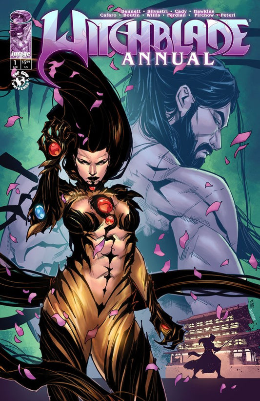IMAGE COMICS WITCHBLADE ANNUAL 2026 #1
Comic book cover of 'Witchblade Annual' featuring a woman in a revealing outfit with a man in the background.