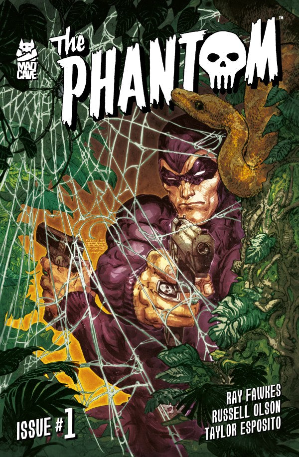 MAD CAVE COMICS THE PHANTOM #1
Comic book cover of 'The Phantom' with a character in a mask and costume amidst spider webs and foliage.