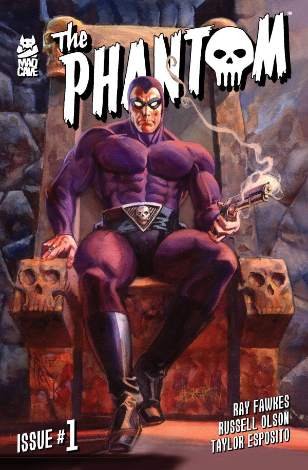 MAD CAVE COMICS THE PHANTOM #1 COVER D
Comic book cover featuring a superhero in purple costume with skull designs, sitting on a throne.
