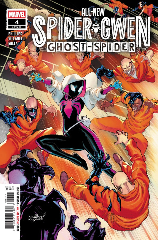 MARVEL COMICS ALL-NEW SPIDER-GWEN: GHOST SPIDER #4
Comic book cover featuring Spider-Gwen amidst a group of enemies in orange jumpsuits.