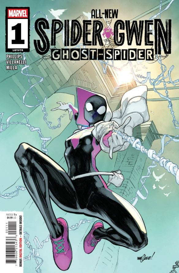MARVEL COMICS ALL-NEW SPIDER-GWEN THE GHOST-SPIDER #1
Comic book cover of 'All-New Spider-Gwen Ghost-Spider' with a character in a spider-themed costume.