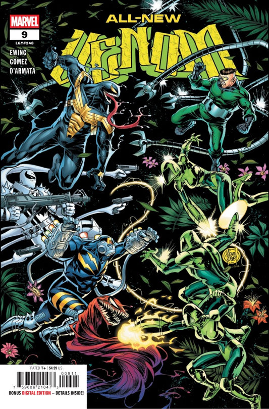 MARVEL COMICS ALL-NEW VENOM #9
Comic book cover featuring a superhero in a black and gold suit with other similar characters clashing in a big battle.