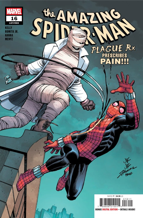 MARVEL COMICS AMAZING SPIDER-MAN #16
Comic book cover featuring Spider-Man and a mummy with text 'The Amazing Spider-Man: Plague Rx Prescribes Pain!!!'