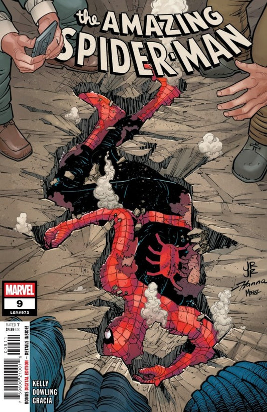 MARVEL COMICS AMAZING SPIDER-MAN #9
Comic book cover of 'The Amazing Spider-Man' with Spider-Man falling through a hole.