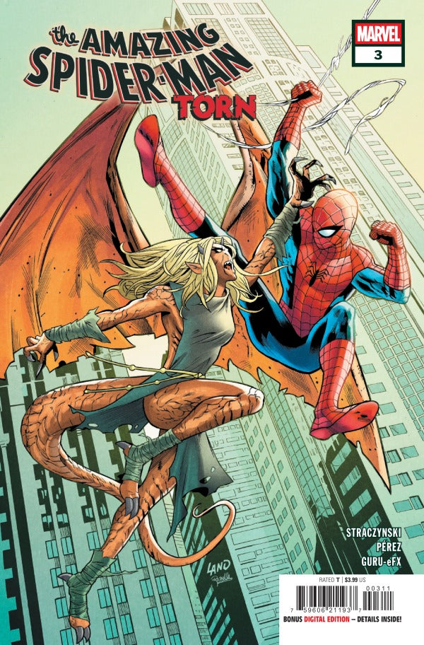 MARVEL COMICS AMAZING SPIDER-MAN: TORN #3
Comic book cover featuring Spider-Man and a woman being attacked by a dragon with a cityscape background.